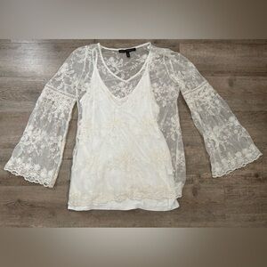 White House Black Market Sheer Lace Blouse, V-Neck, Ivory, Size S